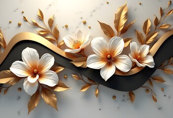 Title	
Luxury Floral Elegance: A high-definition 3D-rendered wall decoration featuring an intricate arrangement of golden and white flowers with delicate embossed petals