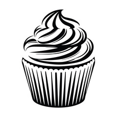 Cupcake Drawing with Creamy Frosting, Black and White Design, Outline, Dessert