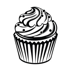 Cupcake with Frosting and Toppings Black and White Minimalist Style Design