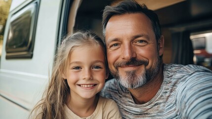 Bearded father, caucasian daughter smiling happily together near campervan door, enjoying family vacation adventure.