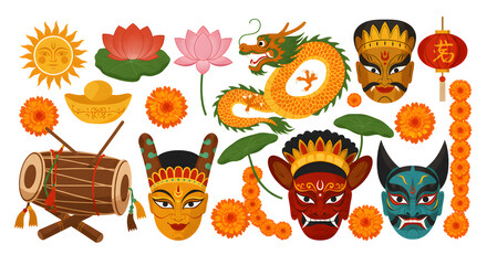 Fototapeta premium collection of cultural symbols from India and East Asia, including sun motif, dragon, lotus flower, marigolds, dhol drums, traditional masks, colorful flat design, vector illustration
