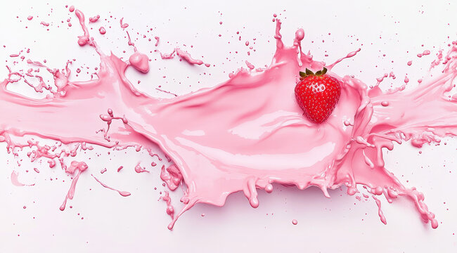 Strawberry Splash of Flavor: A vibrant strawberry plunges into a pink liquid, creating a dynamic splash that embodies fresh, fruity fun and deliciousness.