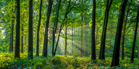 Obraz premium Dreamy forest corridor, sunlight streaming through towering deciduous trees, vibrant spring foliage, golden glow and soft motion blur, ethereal atmosphere, lush green undergrowth, serene tranquility