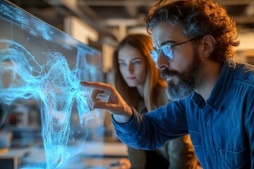 Bearded man in glasses and young woman analyzing futuristic holographic projection with glowing blue data visualization in modern office environment.