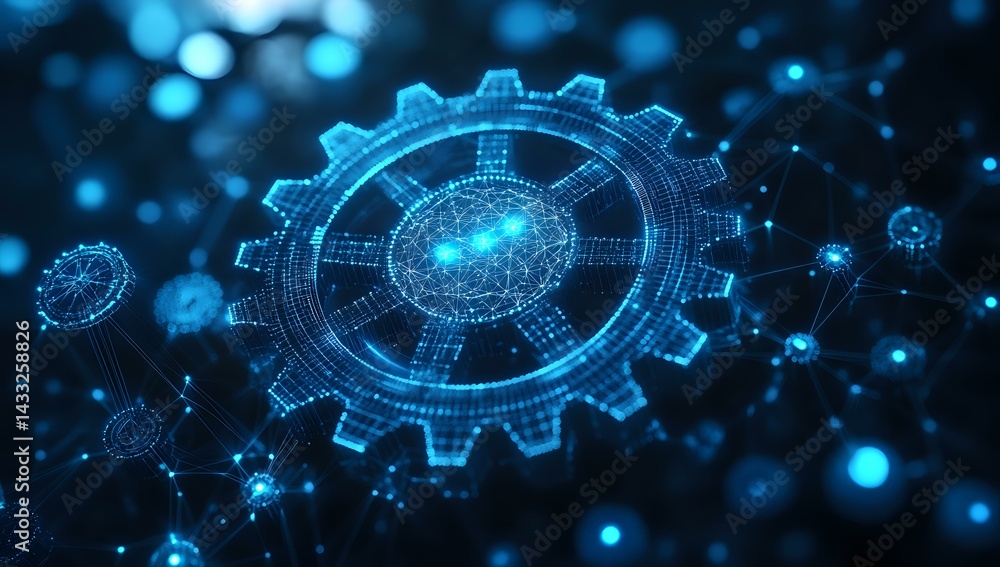 Poster digital gear mechanism with glowing blue light effect and connected dots on dark background, represe