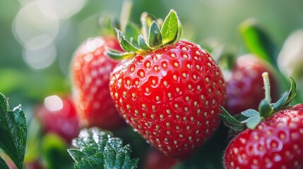 Close-up of ripe strawberries in natural daylight with shallow depth of field and summer vibe
