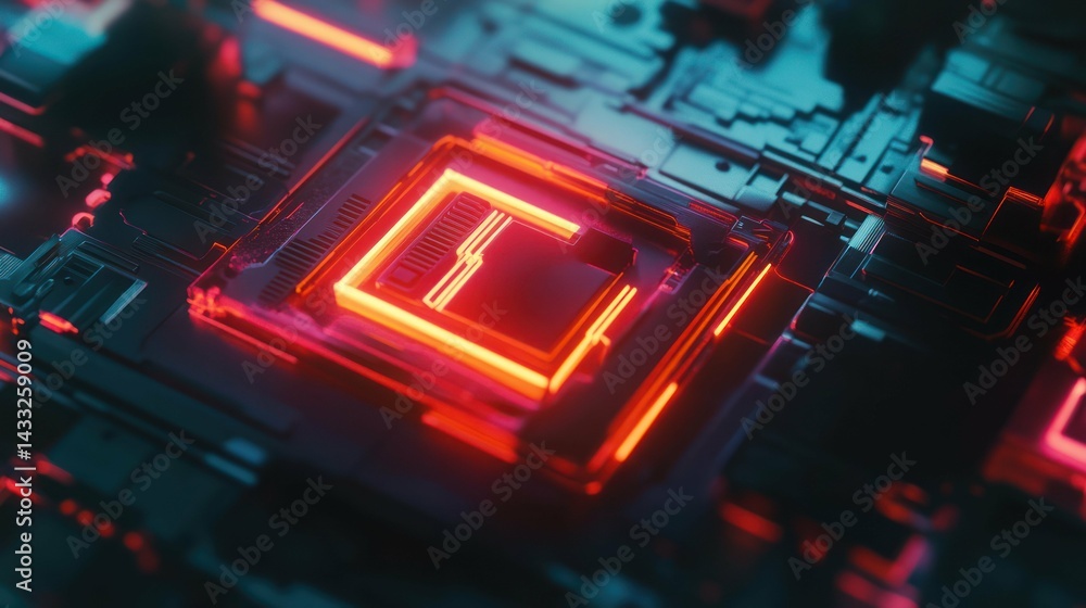 Poster central processing unit glows red, signifying intricate digital system, complex circuits, high techn