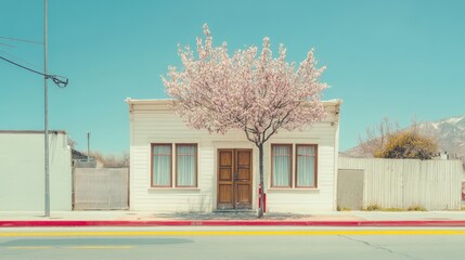 Spring blossom tree in front of white house, sunny street, mountains background; ideal for real estate, travel, or spring themed projects