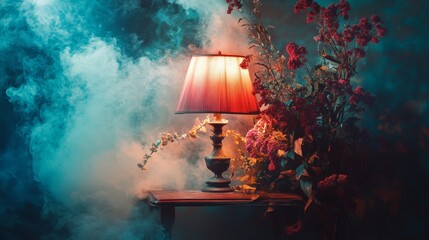 Lamp on side table in dreamy room filled with smoke and colorful mysterious foggy ambiance
