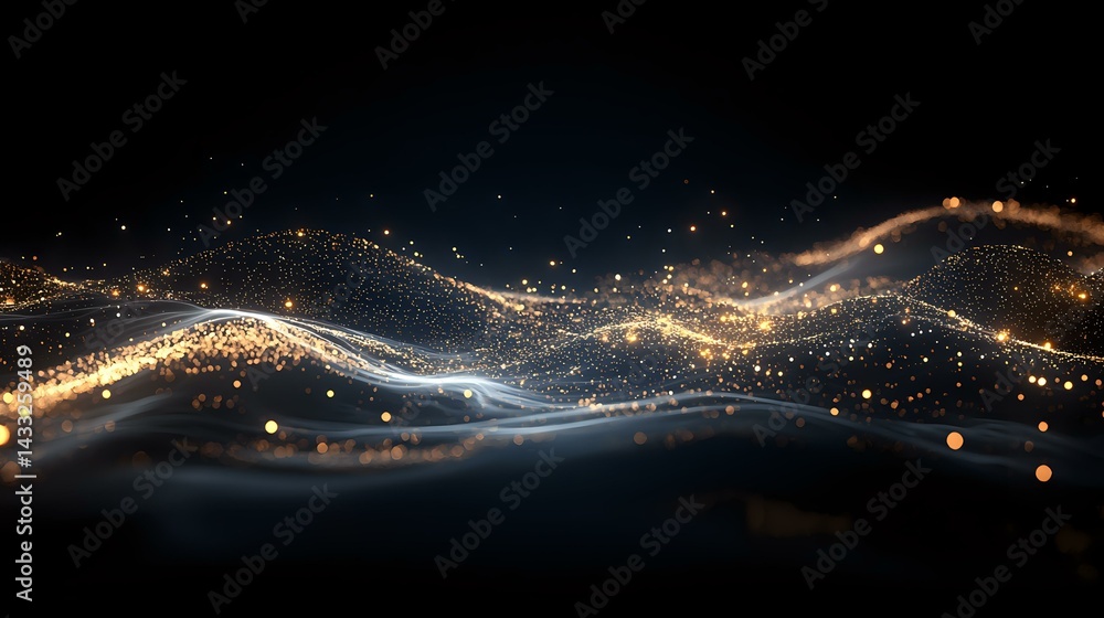 Poster glowing golden light waves with sparkling particles flow against dark background creating magical at