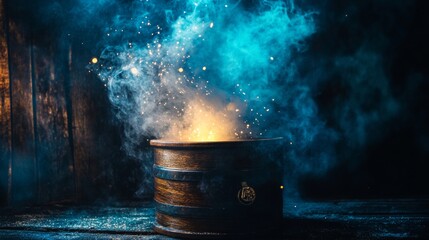 Dark smoky pot with magical light beam and atmospheric fog in alchemy fantasy setup