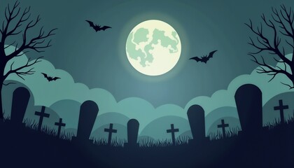 Stylized Halloween graveyard illustration in muted teal and gray depicting a spooky moonlit night