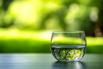 Obraz premium Clear glass filled with water reflects lush green trees suggesting refreshment and natural purity.