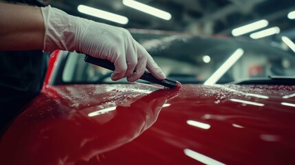 Gloved automotive detailer applies paint sealant to red car surface, improving protection, craftsmanship, finish.