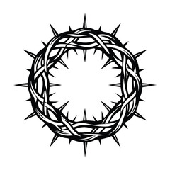 Black Sharp Thorns Crown Twisted Branches with Prickly Spikes on White Background