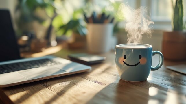 Steaming coffee mug sits, laptop nearby, desk plants provide soft background, cozy workspace vibe emanates.
