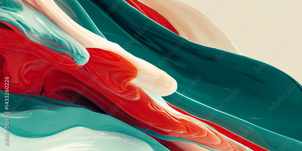 Poster abstract image of flowing red, teal, and cream paint creating dynamic, wavy forms, showcasing fluidi