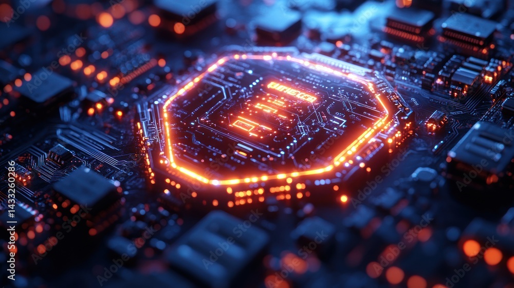 Poster close-up of a glowing computer chip on a circuit board surface.