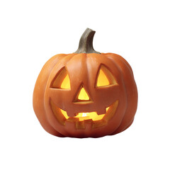 Fototapeta premium Illuminated jack-o'-lantern carving casts an eerie glow against the dark backdrop