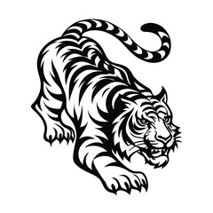 Striking Black & White Tiger Silhouette, Aggressive Feline Design on Isolated Background