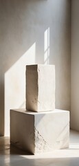 A pristine white sculpture, elegantly crafted, rests atop a sleek wooden table, casting soft shadows in the ambient light of the room.