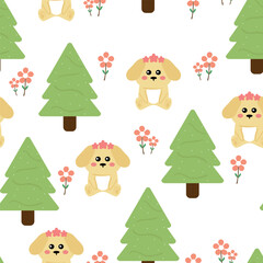Seamless pattern cartoon puppy with plant and tree. cute animal wallpaper for textile, gift wrap paper