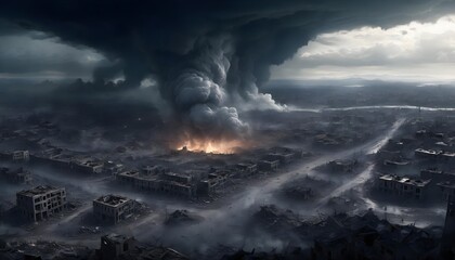 Aerial View of a Post-Apocalyptic Destroyed City