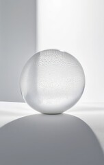A smooth, white sphere glistens with numerous tiny water droplets, reflecting light and creating a captivating, fresh appearance against a soft background.