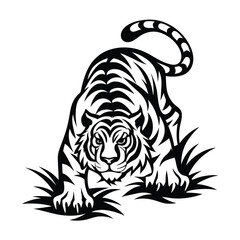 Striking Black & White Tribal Tiger, Crouching Silhouette, Aggressive Feline Look