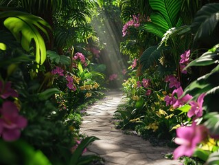 Fototapeta premium Tropical orchid garden pathway