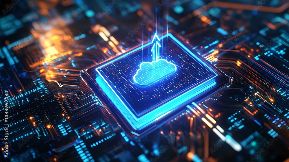 Poster glowing blue cloud computing chip on circuit board with orange light effects. digital technology con