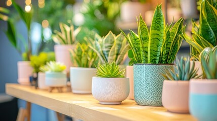 Obraz premium Indoor potted plants on table in colorful vases