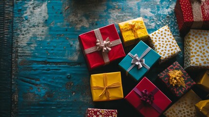 Colorful gift boxes with bows on rustic wooden table