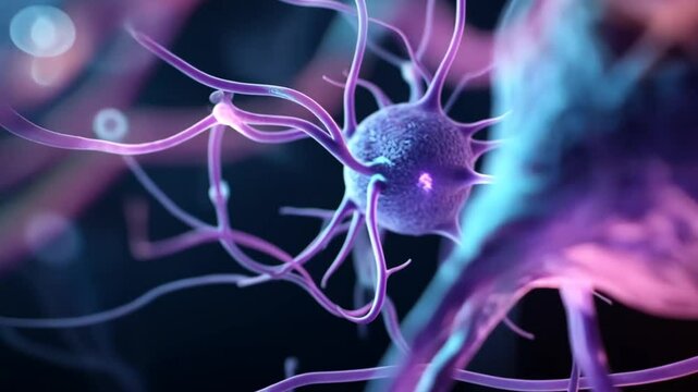 Close-up view of a neuron with intricate dendrites glowing against a dark background