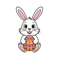 Obraz premium Cute White Easter Bunny Holding Decorated Egg – Vector Illustration