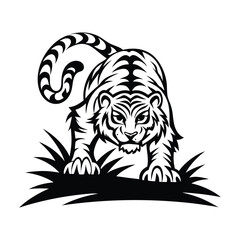 Fierce Stripped Tiger Prowling Silhouette, Dense Foliage, Art, Black & White Icon