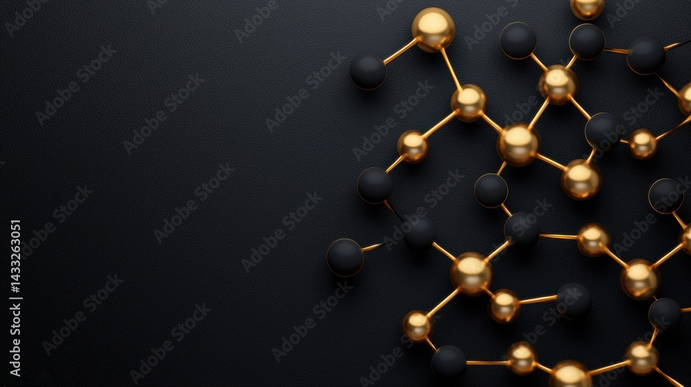 Poster a 3d rendering of a molecular structure in gold spheres and black atoms.