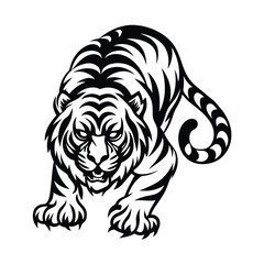 Black Silhouette Tiger Prowling Aggressively Isolated on White Background, Angry Feline Art