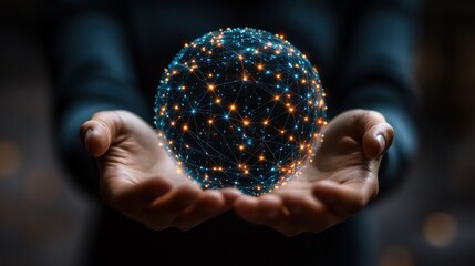 Hands holding a glowing sphere with interconnected dots in a dark setting.