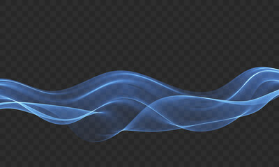 Blue Wave. Abstract, smooth, transparent, wave design element. A wave of blue color on a dark background, moving in a curved smoky stream.