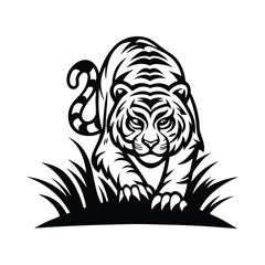 Striking Black and White Tiger Stalking Through Tall Grass Silhouette Style