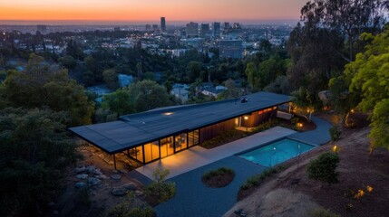 Fototapeta premium Modern home with pool and city views. Tranquil hillside retreat. Glass, dark exterior. Large outdoor space. Sunset, dusk