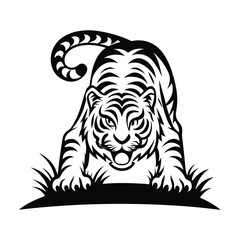 Stylized Black and White Silhouette of Tiger with Striped Pattern and Grass Detail