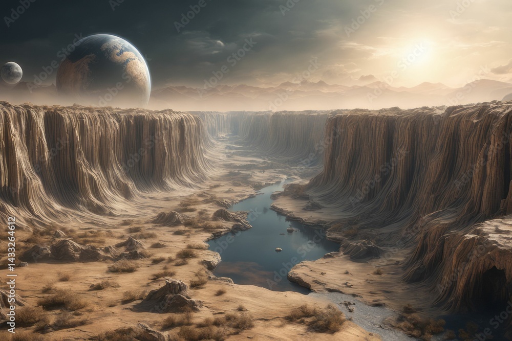 Wall mural ai-generated breathtaking alien landscape with towering cliffs and a distant planet