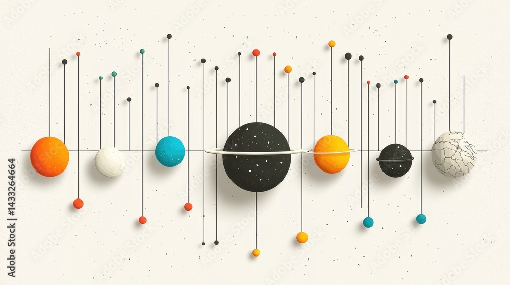 Poster a celestial dance of planets and moons, each with its own unique color and pattern, set against a ba