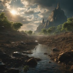 AI-generated stunning landscape featuring a rugged mountain, lush greenery