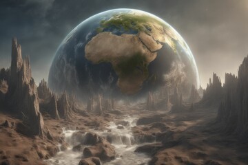 AI-generated surreal landscape depicting Earth hovering over an alien terrain
