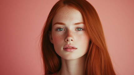 Redhead adult gazes directly, showcasing fair complexion, freckles, vibrant red hair, blue eyes, clear skin.