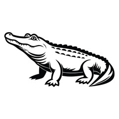 Standing Alligator, Reptile Silhouette, Wildlife Predator, Wild Animal, Black and White Art