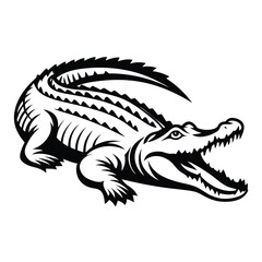 Black and White Alligator Silhouette with Open Mouth Isolated Wildlife Reptile